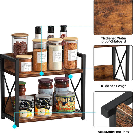 CARLA HOME 2-Tier Countertop Shelf Organizer Rustic Wood Kitchen Spice Rack for Storage, Condiments & Cabinet Organization.