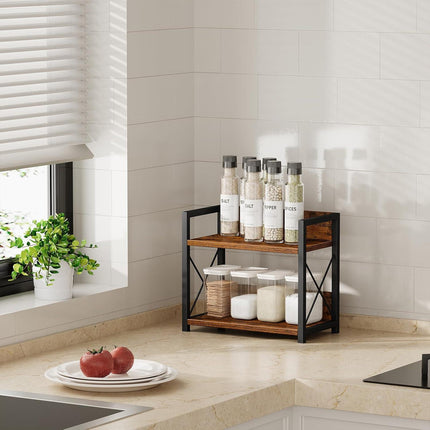 CARLA HOME 2-Tier Countertop Shelf Organizer Rustic Wood Kitchen Spice Rack for Storage, Condiments & Cabinet Organization.