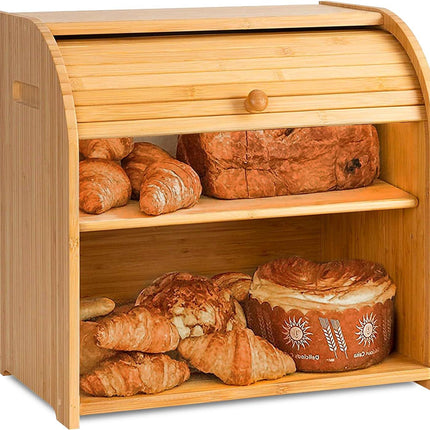 CARLA HOME Large Bamboo Bread Box Storage Organizer with Roll Top for Kitchen Counter.