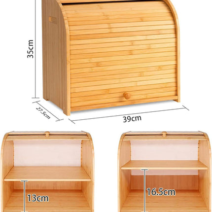CARLA HOME Large Bamboo Bread Box Storage Organizer with Roll Top for Kitchen Counter.
