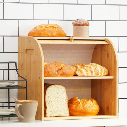CARLA HOME Large Bamboo Bread Box Storage Organizer with Roll Top for Kitchen Counter.