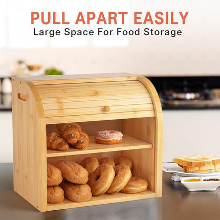CARLA HOME Large Bamboo Bread Box Storage Organizer with Roll Top for Kitchen Counter.