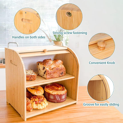 CARLA HOME Large Bamboo Bread Box Storage Organizer with Roll Top for Kitchen Counter.