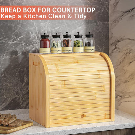 CARLA HOME Large Bamboo Bread Box Storage Organizer with Roll Top for Kitchen Counter.