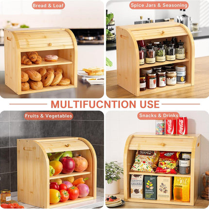 CARLA HOME Large Bamboo Bread Box Storage Organizer with Roll Top for Kitchen Counter.