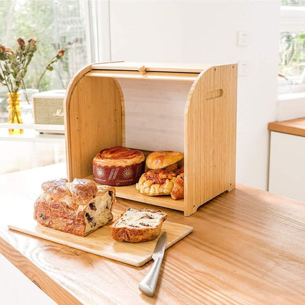 CARLA HOME Large Bamboo Bread Box Storage Organizer with Roll Top for Kitchen Counter.