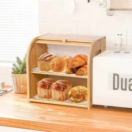 CARLA HOME Large Bamboo Bread Box Storage Organizer with Roll Top for Kitchen Counter.