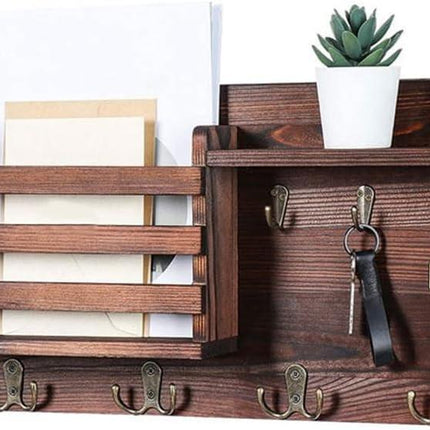 CARLA HOME Rustic Wood Wall Mounted Key and Mail Holder Organizer with Shelf, Letter Slot & 6 Hooks for Entryway Decor Home.
