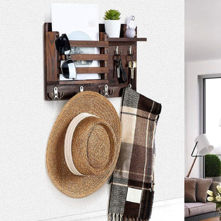 CARLA HOME Rustic Wood Wall Mounted Key and Mail Holder Organizer with Shelf, Letter Slot & 6 Hooks for Entryway Decor Home.