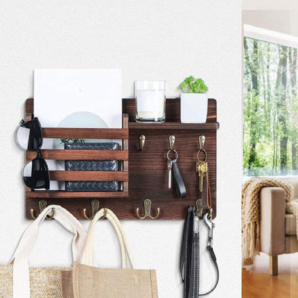 CARLA HOME Rustic Wood Wall Mounted Key and Mail Holder Organizer with Shelf, Letter Slot & 6 Hooks for Entryway Decor Home.