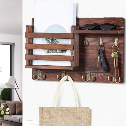 CARLA HOME Rustic Wood Wall Mounted Key and Mail Holder Organizer with Shelf, Letter Slot & 6 Hooks for Entryway Decor Home.