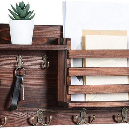 CARLA HOME Rustic Wood Wall Mounted Key and Mail Holder Organizer with Shelf, Letter Slot & 6 Hooks for Entryway Decor Home.