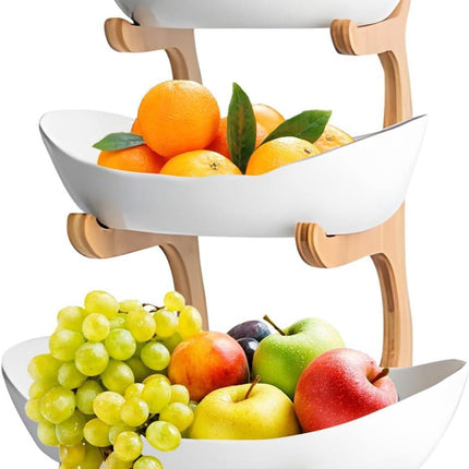 CARLA HOME 3-Tier Plastic Fruit Bowl Basket with Bamboo Stand for Kitchen Counter, Snack Tray, Dessert Server & Vegetable Storage Rack.