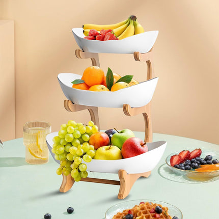 CARLA HOME 3-Tier Plastic Fruit Bowl Basket with Bamboo Stand for Kitchen Counter, Snack Tray, Dessert Server & Vegetable Storage Rack.