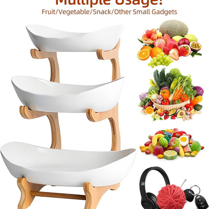 CARLA HOME 3-Tier Plastic Fruit Bowl Basket with Bamboo Stand for Kitchen Counter, Snack Tray, Dessert Server & Vegetable Storage Rack.