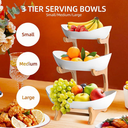CARLA HOME 3-Tier Plastic Fruit Bowl Basket with Bamboo Stand for Kitchen Counter, Snack Tray, Dessert Server & Vegetable Storage Rack.