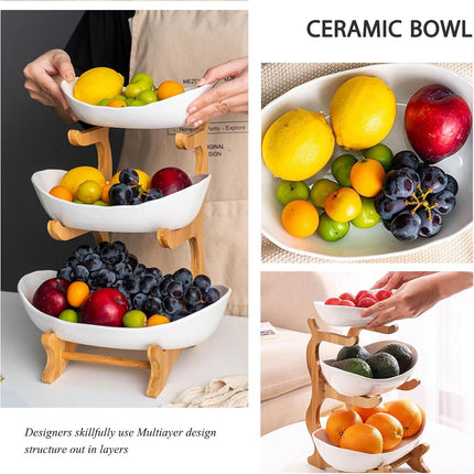 CARLA HOME 3-Tier Plastic Fruit Bowl Basket with Bamboo Stand for Kitchen Counter, Snack Tray, Dessert Server & Vegetable Storage Rack.