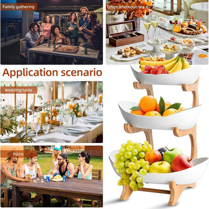 CARLA HOME 3-Tier Plastic Fruit Bowl Basket with Bamboo Stand for Kitchen Counter, Snack Tray, Dessert Server & Vegetable Storage Rack.