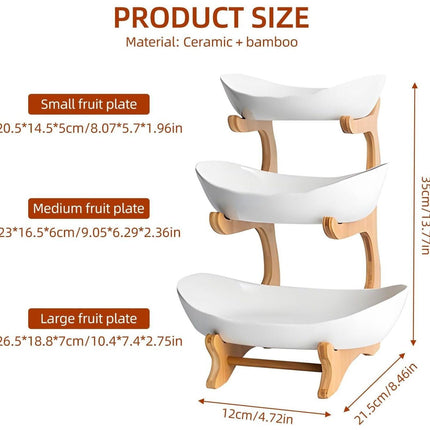 CARLA HOME 3-Tier Plastic Fruit Bowl Basket with Bamboo Stand for Kitchen Counter, Snack Tray, Dessert Server & Vegetable Storage Rack.