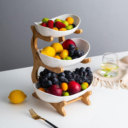 CARLA HOME 3-Tier Plastic Fruit Bowl Basket with Bamboo Stand for Kitchen Counter, Snack Tray, Dessert Server & Vegetable Storage Rack.