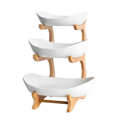 CARLA HOME 3-Tier Plastic Fruit Bowl Basket with Bamboo Stand for Kitchen Counter, Snack Tray, Dessert Server & Vegetable Storage Rack.