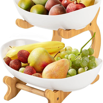 CARLA HOME 2-Tier Plastic Fruit Bowl Basket with Bamboo Stand for Kitchen Counter, Snack Tray, Dessert Server & Vegetable Storage Rack.