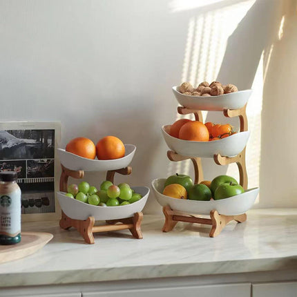 CARLA HOME 2-Tier Plastic Fruit Bowl Basket with Bamboo Stand for Kitchen Counter, Snack Tray, Dessert Server & Vegetable Storage Rack.