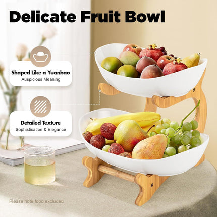 CARLA HOME 2-Tier Plastic Fruit Bowl Basket with Bamboo Stand for Kitchen Counter, Snack Tray, Dessert Server & Vegetable Storage Rack.