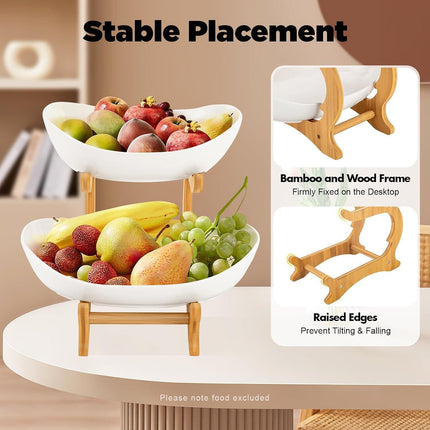 CARLA HOME 2-Tier Plastic Fruit Bowl Basket with Bamboo Stand for Kitchen Counter, Snack Tray, Dessert Server & Vegetable Storage Rack.