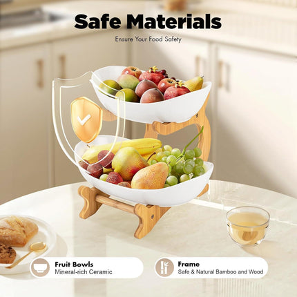 CARLA HOME 2-Tier Plastic Fruit Bowl Basket with Bamboo Stand for Kitchen Counter, Snack Tray, Dessert Server & Vegetable Storage Rack.