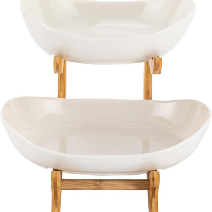 CARLA HOME 2-Tier Plastic Fruit Bowl Basket with Bamboo Stand for Kitchen Counter, Snack Tray, Dessert Server & Vegetable Storage Rack.