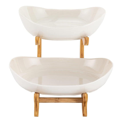 CARLA HOME 2-Tier Plastic Fruit Bowl Basket with Bamboo Stand for Kitchen Counter, Snack Tray, Dessert Server & Vegetable Storage Rack.