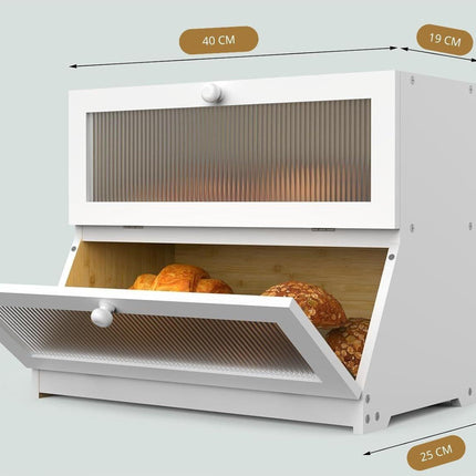 CARLA HOME Double Layer Bamboo Bread Box for Kitchen Counter - Large Capacity Bread Storage Container with Clear Window, Easy Assembly, Farmhouse Style Bread Holder (White).