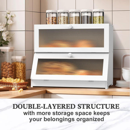 CARLA HOME Double Layer Bamboo Bread Box for Kitchen Counter - Large Capacity Bread Storage Container with Clear Window, Easy Assembly, Farmhouse Style Bread Holder (White).
