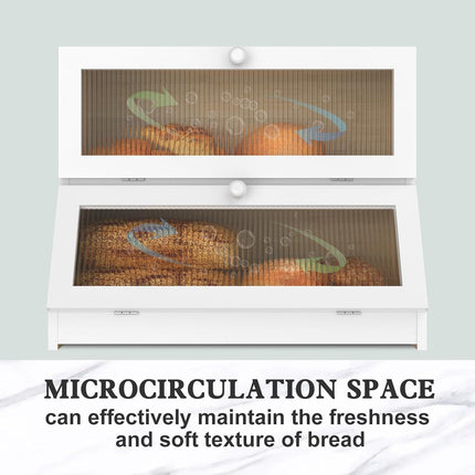 CARLA HOME Double Layer Bamboo Bread Box for Kitchen Counter - Large Capacity Bread Storage Container with Clear Window, Easy Assembly, Farmhouse Style Bread Holder (White).