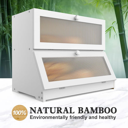 CARLA HOME Double Layer Bamboo Bread Box for Kitchen Counter - Large Capacity Bread Storage Container with Clear Window, Easy Assembly, Farmhouse Style Bread Holder (White).