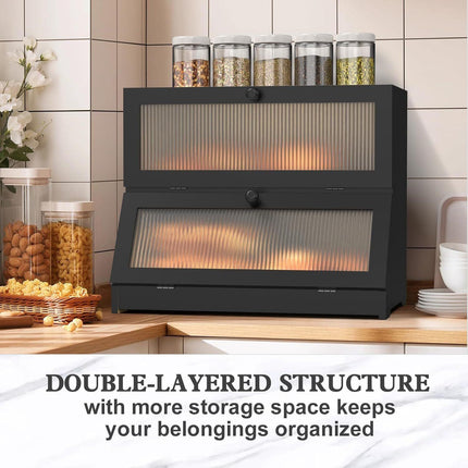 CARLA HOME Double Layer Bamboo Bread Box for Kitchen Counter - Large Capacity Bread Storage Container with Clear Window, Easy Assembly, Farmhouse Style Bread Holder (Black).