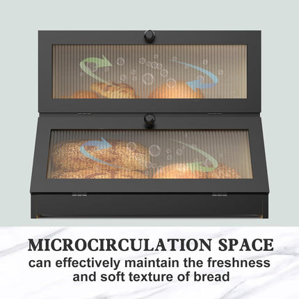 CARLA HOME Double Layer Bamboo Bread Box for Kitchen Counter - Large Capacity Bread Storage Container with Clear Window, Easy Assembly, Farmhouse Style Bread Holder (Black).