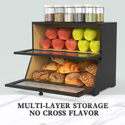 CARLA HOME Double Layer Bamboo Bread Box for Kitchen Counter - Large Capacity Bread Storage Container with Clear Window, Easy Assembly, Farmhouse Style Bread Holder (Black).