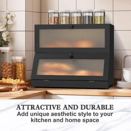 CARLA HOME Double Layer Bamboo Bread Box for Kitchen Counter - Large Capacity Bread Storage Container with Clear Window, Easy Assembly, Farmhouse Style Bread Holder (Black).