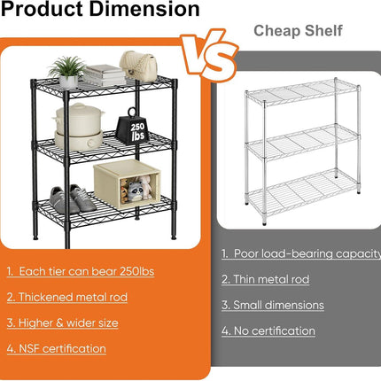 CARLA HOME 3-Tier Adjustable Metal Storage Shelves Wire Rack Organizer for Kitchen, Pantry, Bathroom or Laundry Room (60cm W x 35cm D x 103cm H).