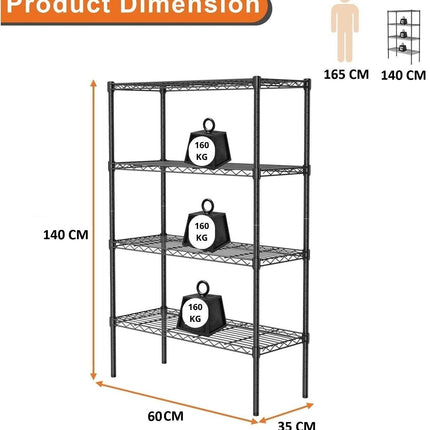 CARLA HOME 4-Tier Adjustable Metal Storage Shelves Wire Rack Organizer for Kitchen, Pantry, Bathroom or Laundry Room (60cm W x 40cm D x 140cm H).
