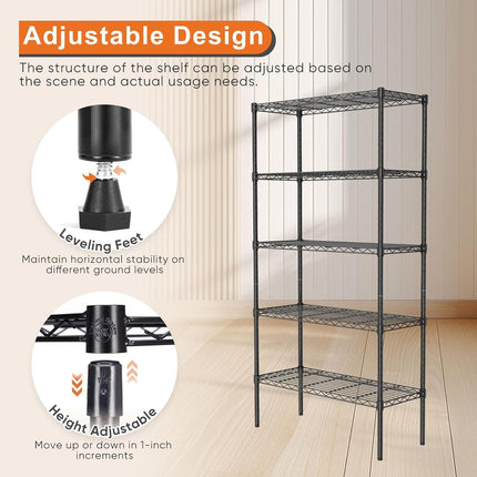 CARLA HOME 5-Tier Adjustable Metal Storage Shelves Wire Rack Organizer for Kitchen, Pantry, Bathroom or Laundry Room (60cm W x 40cm D x 176cm H).