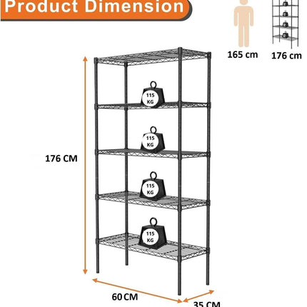 CARLA HOME 5-Tier Adjustable Metal Storage Shelves Wire Rack Organizer for Kitchen, Pantry, Bathroom or Laundry Room (60cm W x 40cm D x 176cm H).