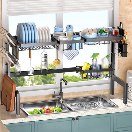 CARLA HOME Adjustable Over the Sink Dish Drying Rack with Utensil Holder, Hooks & Cutting Board Rack for Kitchen Counter Storage.