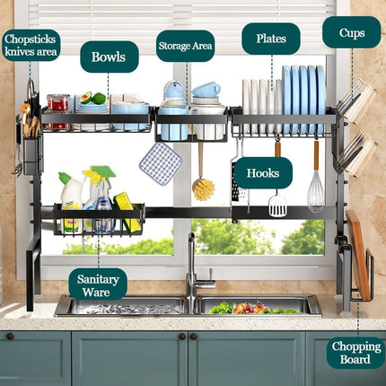CARLA HOME Adjustable Over the Sink Dish Drying Rack with Utensil Holder, Hooks & Cutting Board Rack for Kitchen Counter Storage.