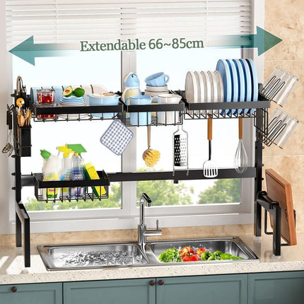 CARLA HOME Adjustable Over the Sink Dish Drying Rack with Utensil Holder, Hooks & Cutting Board Rack for Kitchen Counter Storage.