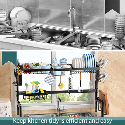 CARLA HOME Adjustable Over the Sink Dish Drying Rack with Utensil Holder, Hooks & Cutting Board Rack for Kitchen Counter Storage.