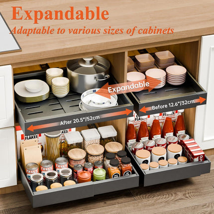 CARLA HOME 2 Pack Pull Out Cabinet Organizer Expandable for Cabinets with Adjustable Slide Out Shelves and Easy Installation (Grey).