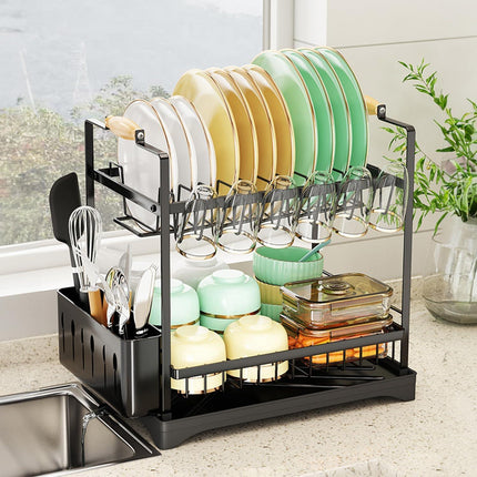 CARLA HOME 2-Tier Large Dish Drying Rack with Drainboard, Utensil Holder, Glass Hooks & Cutlery Storage (Black).